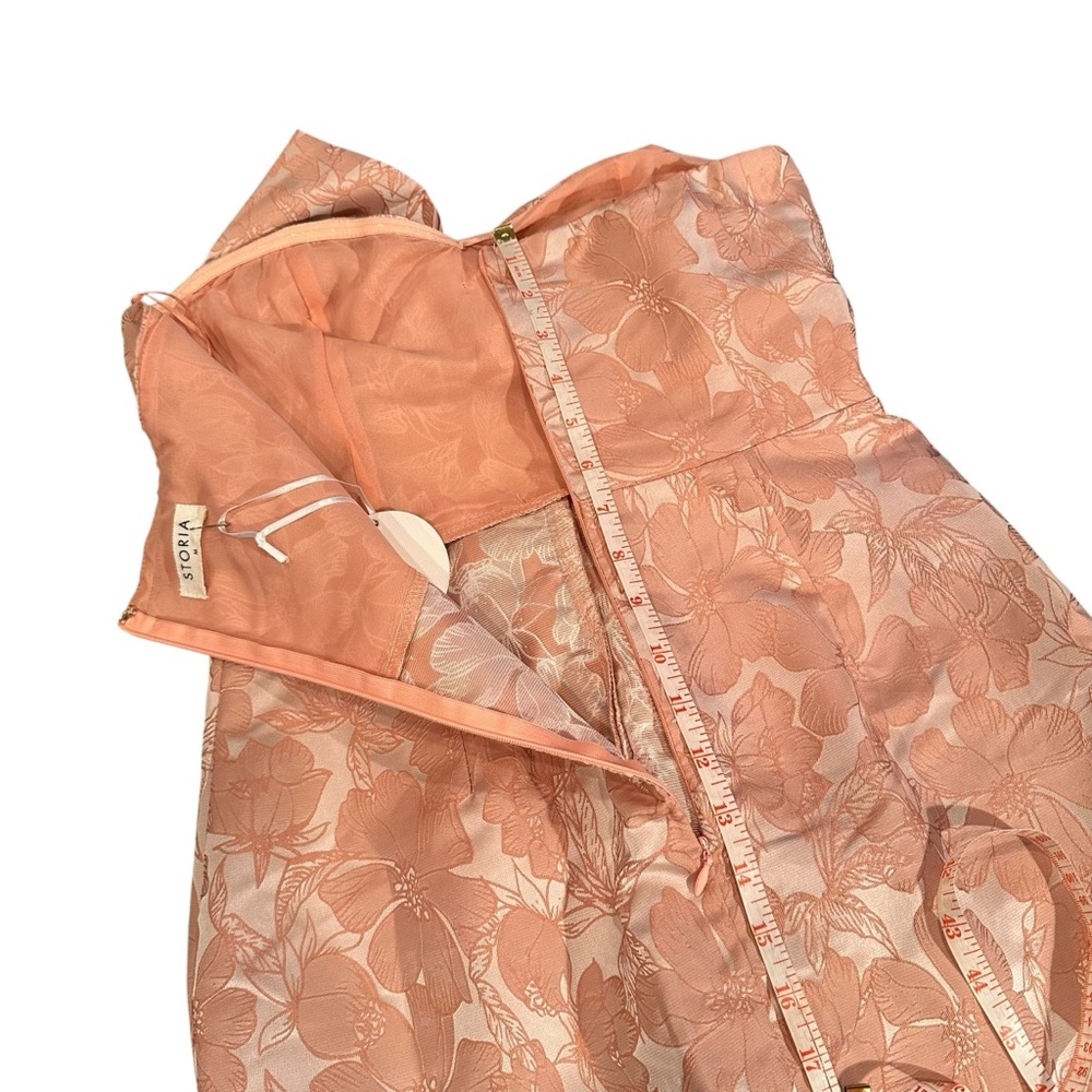 Storia Strapless Mini Dress Medium Pink Floral Jacquard Statement Bow Ruffle NWT - Picture 14 of 16